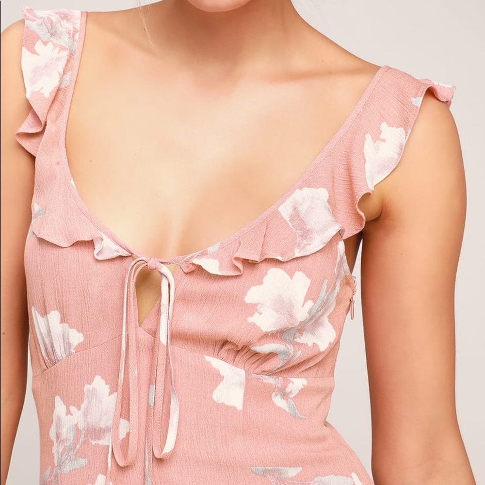 NWT LULUS Blush Floral Print Tie-Front Midi Dress - Picture 5 of 7